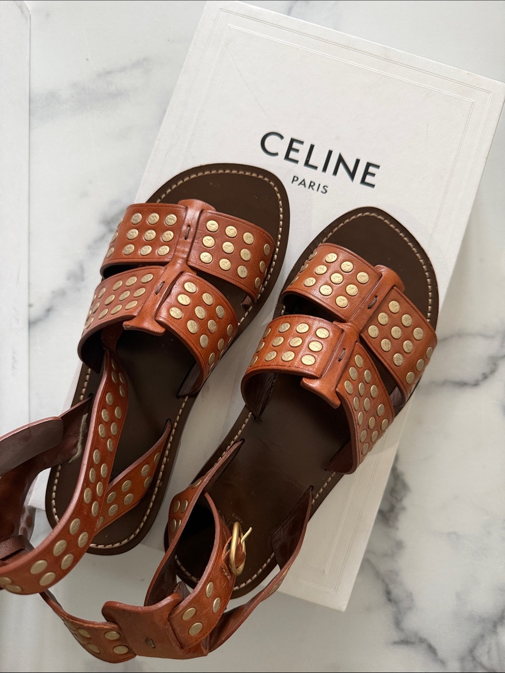 CELINE Tan Leather Studded Sandals